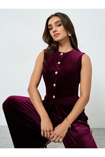 Styli Women Burgundy Velour Sleeveless Waistcoat