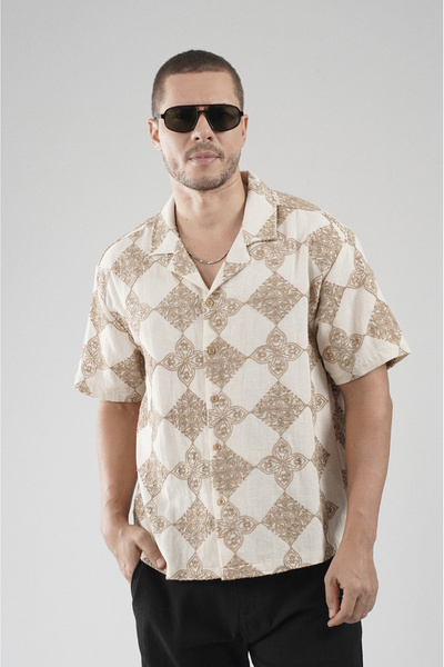 Butik Trend Biz Oversize Embroidered Patterned Lattice Fabric Men's Shirt