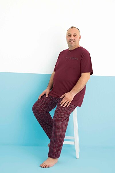 Aydoğan Men's Dinç Large Size Cotton Short Sleeve Claret Red Pajama Set 0180