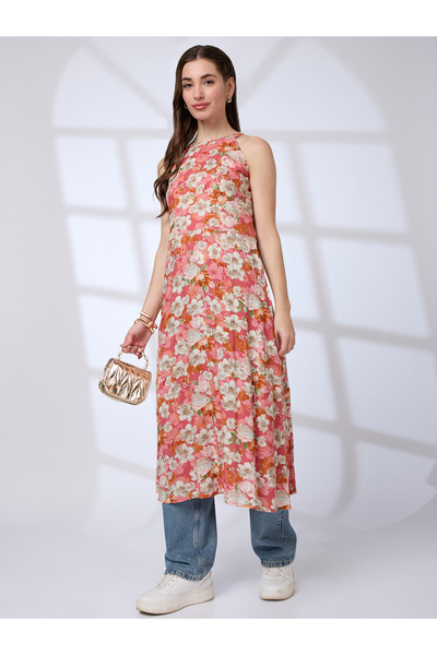 Globus By Styli Halter Neck Floral Print A-Line Fusion Kurta
