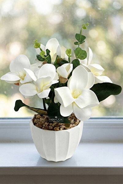 Yapay Çiçek Deposu Magnolia Arrangement in White Pot 27 cm White