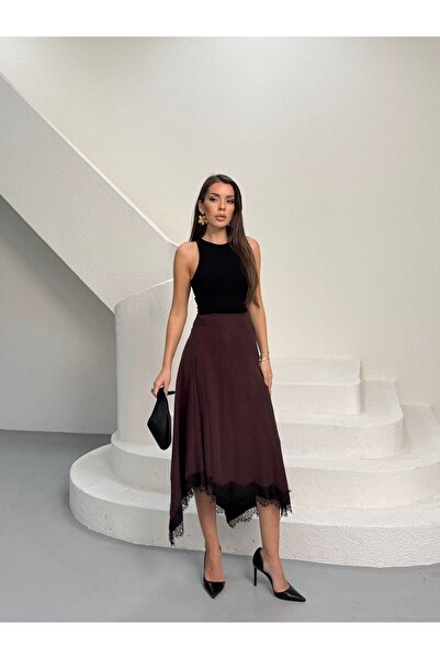 ALVOR Tencel Fabric Modern Cut Lace Trim Midi Skirt