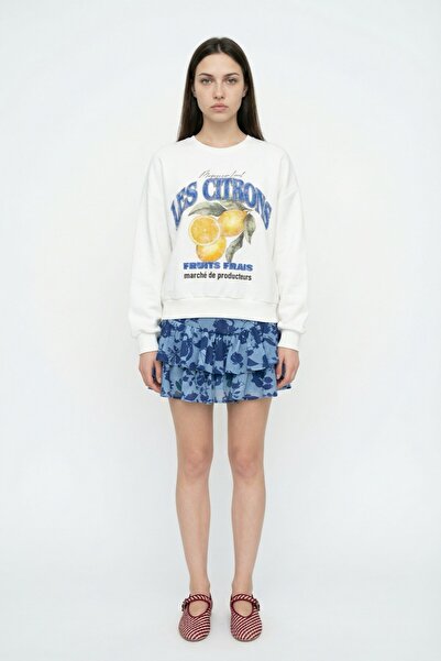 Quzu Φούτερ με στάμπα λεμόνι, με λαιμόκοψη ποδηλάτου, σε μεγάλο μέγεθος, εκρού