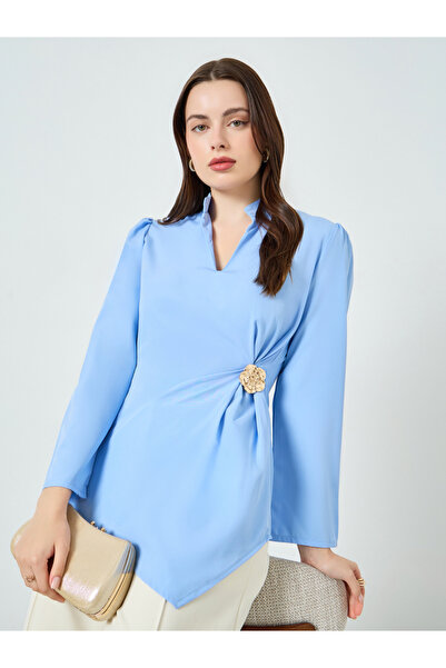 Styli Blue Flower Buckle Long Sleeve Blouse