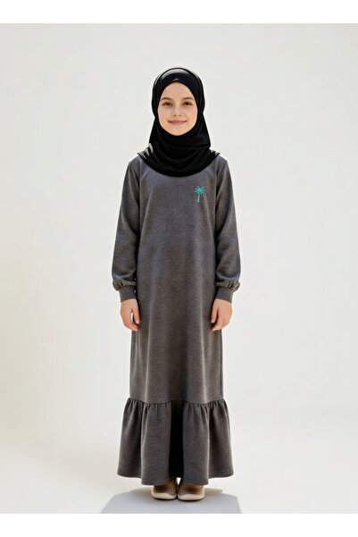 Angel&Co. Girls Clothing Kız Çocuk Gri Uzun Kollu Maksi Tesettür Penye Elbise
