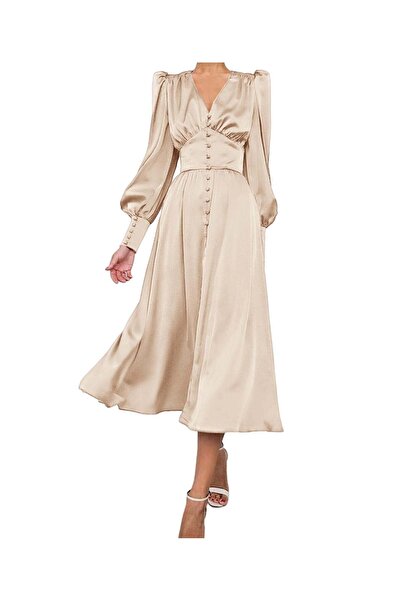Other Rochie Maxi Damă Satin - Stil Vintage, Talie Înaltă, Mâneci Bufante - B...