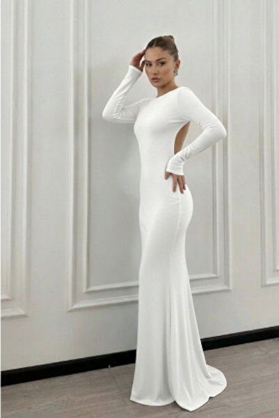 Moda Hour Simple Design Deep Back Low-Cut Long White Wedding Dress, Wedding G...