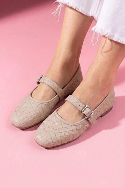 FUGA MODA Μπαλαρίνες Toledo σε μπεζ χρώμα με δερμάτινη υφή, πλεκτές, με ζώνη ...