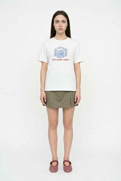 Quzu Tricou supradimensionat cu imprimeu pe spate, tematică pe litoral, Ecru