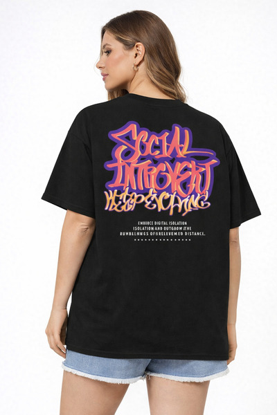 herkesemoda Graffiti Text Detailed Basic T-Shirt