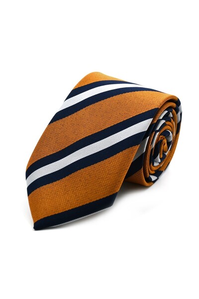 Sade Kravat Mustard Yellow Navy Blue White Striped Tie 33048 Yellow