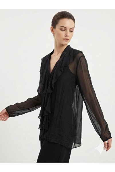 della moor Women's Black Italian Ruffled Front Shawl Collar Long Sleeve Butto...