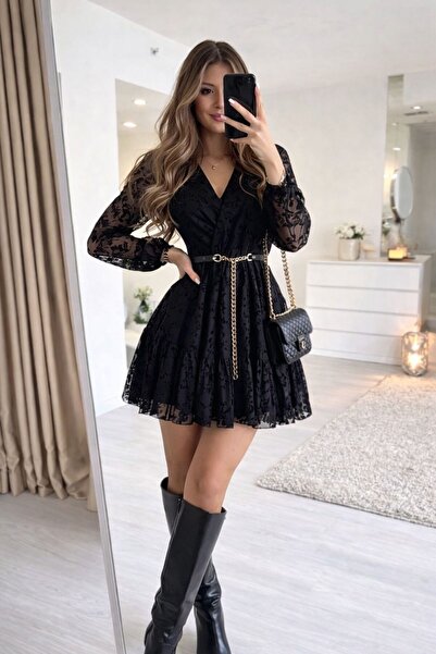 02Lady Fashion Double-Breasted Collar Flock Printed Dress with Belt Detail