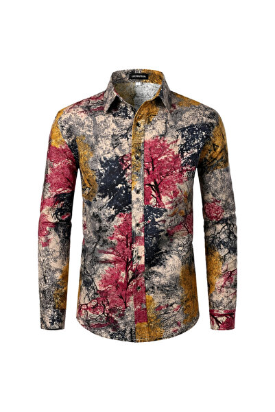 Other Cămașă In Bărbați - Imprimeu Copaci, Elegantă, Slim Fit - Alb, Mărime S