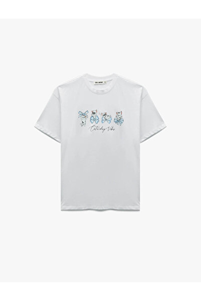 Koton Tricou de damă oversize ecru cu imprimeu Cat 6SAL10096IK