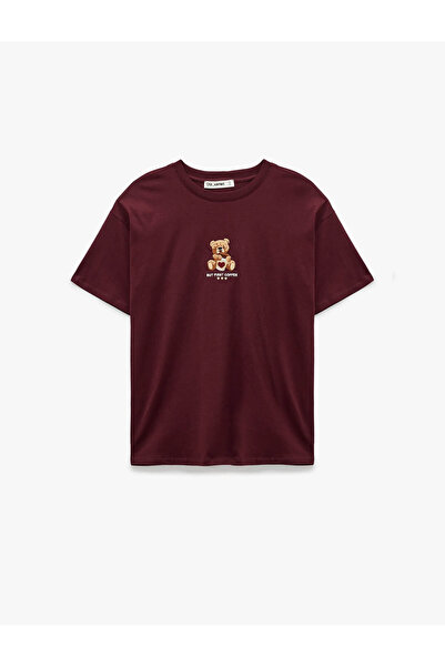 Koton Γυναικείο μπλουζάκι με κέντημα αρκουδάκι σε μπορντό χρώμα 6SAL10053IK