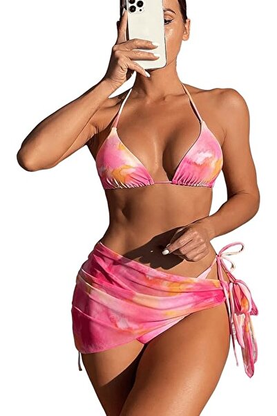 Other Women's 3-Piece Swimsuit - Bikini With Scarf , Stretch Fabric - Deep Pi...