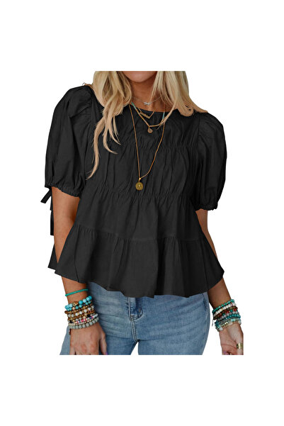 Other Bluză Damă Babydoll - Bumbac 100%, Respirabilă, Mâneci Bufante - Negru, M