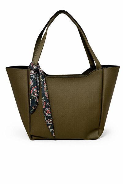 Livayssçanta Kadın Fularlı Fermuarlı Haki Yeşili Vizon Shopper El ve Omuz Çan...