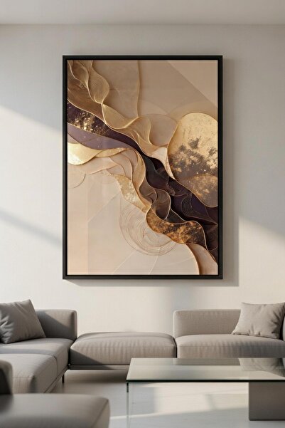 hollywest Lüks Altın & Kahve Soyut Duvar Sanatı | Modern Çerçeveli Tablo