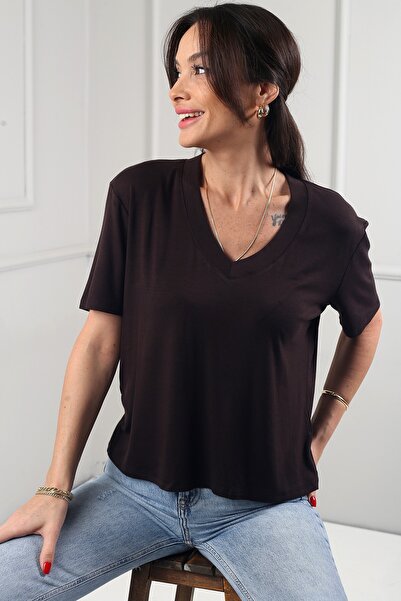 By Saygı Women's Interlock V-Neck Lycra Loose Blouse