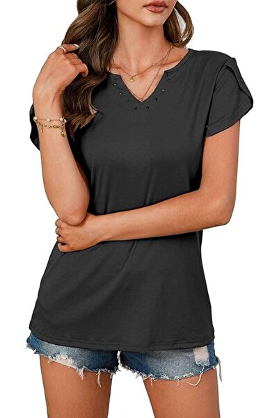 Other Bluză Damă Elegantă - Decolteu V, Bumbac și Spandex, Mânecă Scurtă - Ma...
