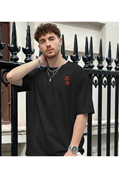KVİNS Men's Black Oversize Embroidered T-Shirt - Street Style Crew Neck T-Shi...
