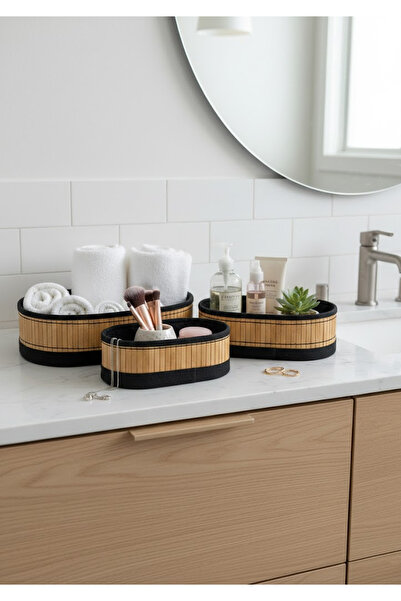 Nuha Home 3'lü Bambu Sepet Doğal Astarlı Çok Amaçlı Saklama Kutusu