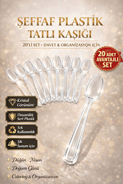 OPTİMEX Şeffaf Plastik Tatlı Kaşığı 20’li Set –Tek Kullanımlık Tatlı Kaşığı D...