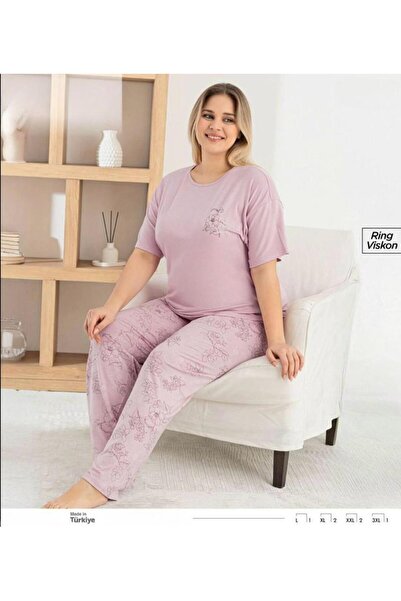 İpek Women's Short Sleeve Crew Neck Plus Size Floral Pattern Pajama Set