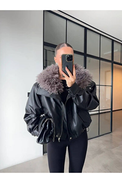 Betül Nayir Women's Leather Jacket with Black Fur Collar