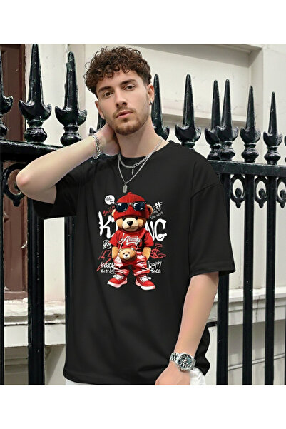 KVİNS تي شيرت رجالي أسود كبير الحجم مطبوع عليه تيدي بير تي شيرت قطني برقبة دا...