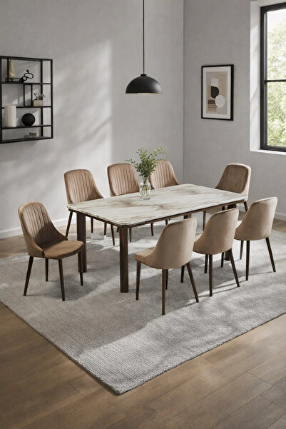 MARIA HOMES طقم سفرة عصري مكون من 9 قطع مع طاولة بسطح رخامي و8 كراسي مخملية ب...