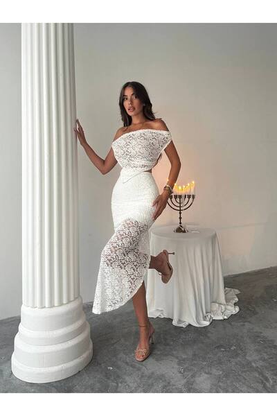 By Kuzey Aras Lace Textured Transparent Top and Slit Skirt Set – Stylish & Sp...