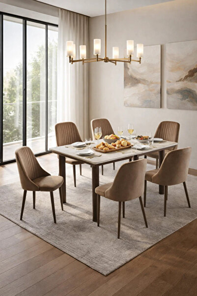 MARIA HOMES طقم غرفة طعام أنيق لستة أشخاص مع طاولة بنقشة رخامية وكراسي مخملية...