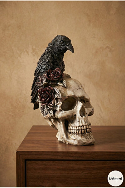 Dekoromi Dekoratif Kargalı Kurukafa Heykeli (21x211cm) Ev Ofis Hobi Genç Odas...