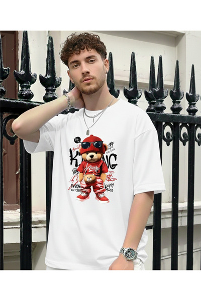 KVİNS Men's Black Oversize Teddy Bear Printed Crew Neck Streetwear Cotton T-S...