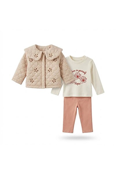 mirkon %100 Pamuk Kız Bebek 3’lü Takım Kapitone Ceketli Çiçek Baskılı Sweatsh...
