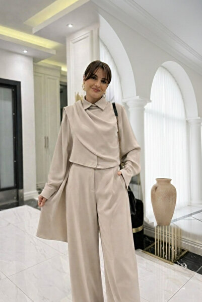 JANES Women's Beige Shawl Detailed Design Shirt and Pants Double Hijab Set