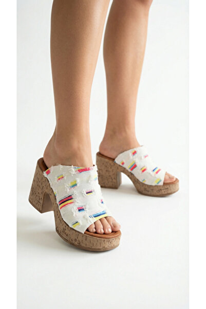 Limeo Colorful Flag Detailed High Heeled Comfortable Women's Summer Slippers ...