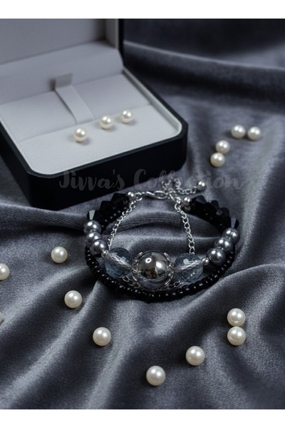 Jivva's Collection سوار نسائي أنيق من الكريستال الأسود. سوار متعدد الطبقات وق...