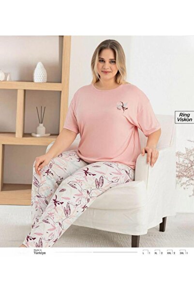 İpek Women's Short Sleeve Crew Neck Plus Size Floral Pattern Pajama Set