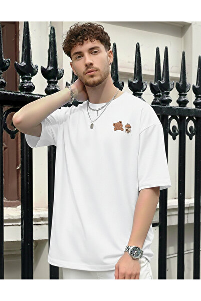 KVİNS Men's Black Oversize T-Shirt Teddy Bear and Bubble Tea Printed Cotton T...