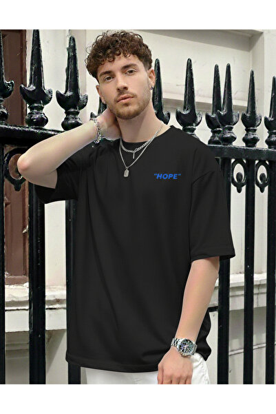 KVİNS Men's Black Oversize "Hope" Printed Crew Neck Cotton Short Sleeve T-Shirt