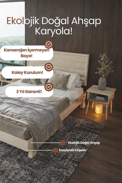RENAZZO Hüma Yatay Çizgili Başlıklı Ahşap Karyola - Modern Masif Şık Karyola