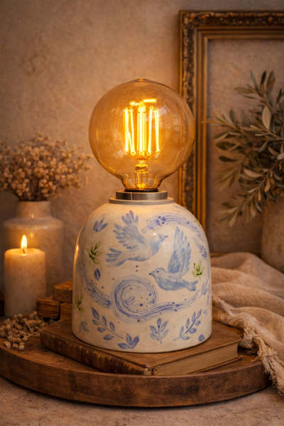 ema mavi kuşlar el yapımı seramik abajur