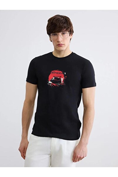 LC Waikiki Black Printed Slim Fit Crew Neck Men's T-Shirt (S6)