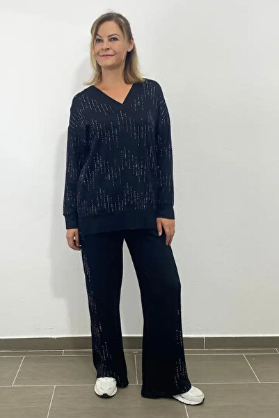 Mia Butik Plus Size Black Stone Embroidered V-Neck Tracksuit Set