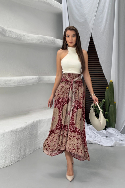 Lusin Women's Brown High Waist Stylish Ethnic Patterned Asymmetrical Cut Midi...