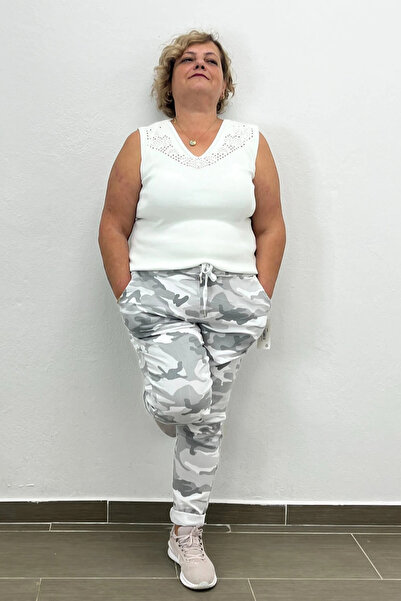 Mia Butik Plus Size Italian White and Gray Camouflage Pants